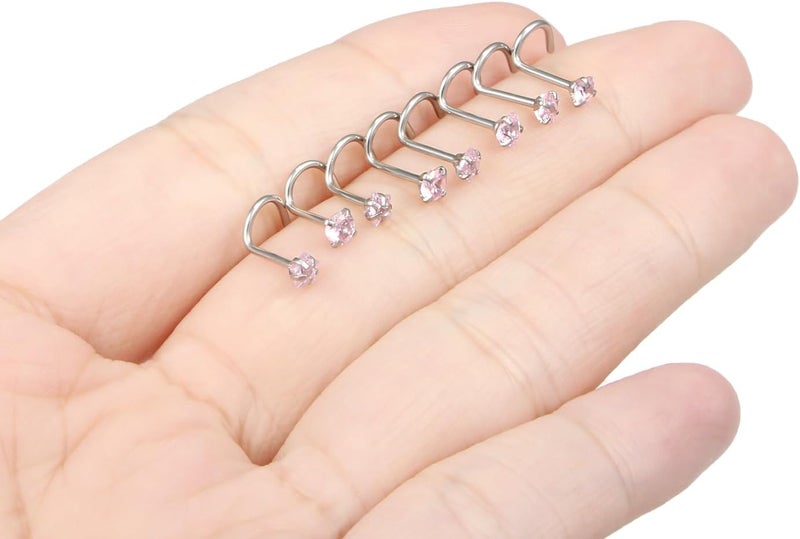 Ftovosyo Hypoallergenic Nose Rings Studs 18G & 20G Surgical Steel Nose Studs L Shaped Nostril Piercing Jewelry with Pink Cubic Zirconia for Women & Men - Image 4
